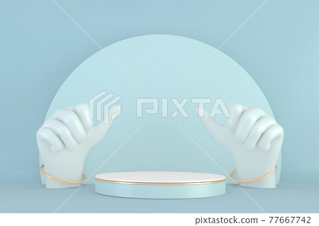 cyan background and hand that is raising the pallet for the product display.3D rendering 77667742