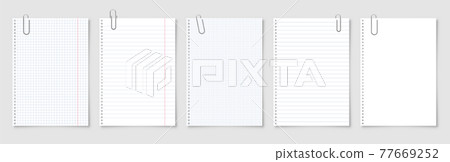 Realistic blank paper sheets in A4 format with metal clip, holder on gray background. Notebook page 77669252