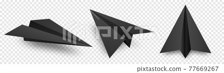 Realistic black handmade paper planes isolated on transparent background. Origami aircraft in flat 77669267