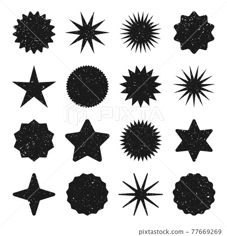 Retro stars, grunge sunburst symbols. Vintage sunbeam icons. Black shopping labels, sale or discount 77669269