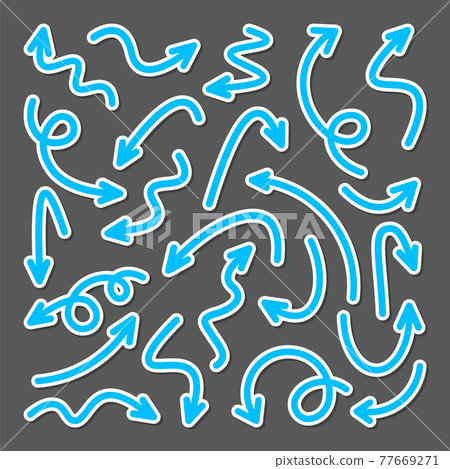 Colorful hand drawn arrow stickers set. Blue pointers collection. Simple arrows in different shapes 77669271