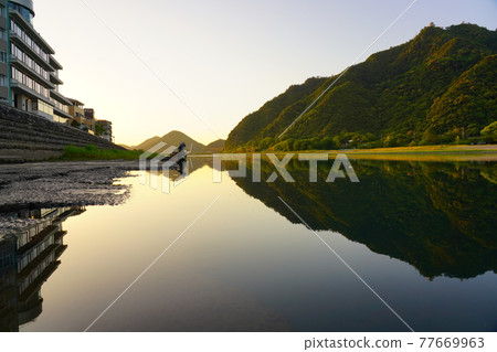 金華山和長良川的早晨,日本金桔花盛開 金華山和長良川的早晨,日本金桔花盛開 77669963