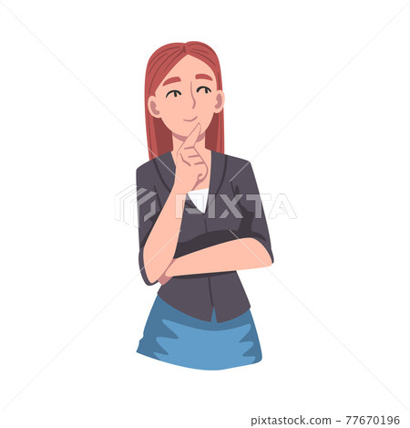 Thoughtful Girl, Young Woman with Pensive Face Expression, Human Emotions Concept Cartoon Vector Illustration 77670196