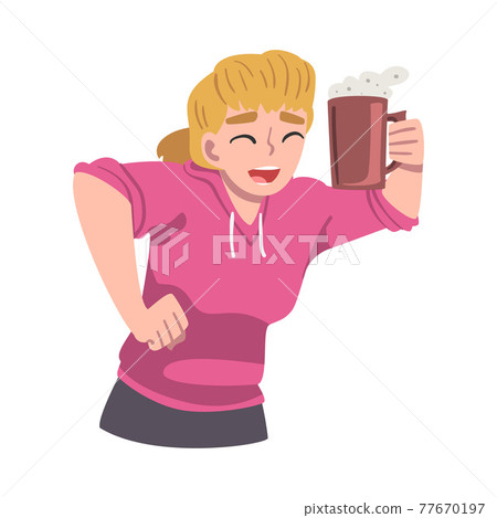 Happy Smiling Girl l with Cup of Hot Drink in her Hand, Young Woman Feelings, Positive Human Emotions Concept Cartoon Vector Illustration 77670197