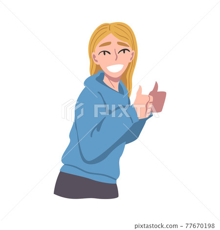 Happy Smiling Girl Showing Thumbs up Gesture, Young Woman Feelings, Positive Human Emotions Concept Cartoon Vector Illustration 77670198