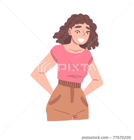 Happy Smiling Girl Standing with Hands on her Hips, Young Woman Feelings, Positive Human Emotions Concept Cartoon Vector Illustration Happy Smiling Girl Standing with Hands on her Hips, Young Woman Feelings, Positive Human Emotions Concept Cartoon Vector Illustration 77670200