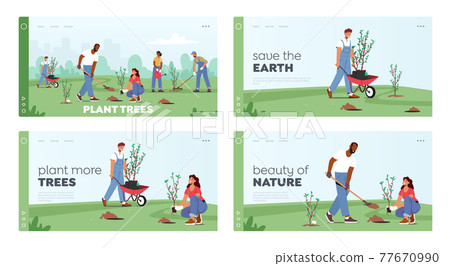 Reforestation, World Environment Day Landing Page Template Set. Characters Planting Seedlings and Growing Trees 77670990