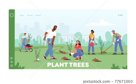Reforestation Landing Page Template. World Environment Day, Characters Planting Seedlings and Growing Trees into Soil 77671003