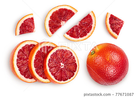 Blood red oranges isolated on white background with clipping path. Top view. Flat lay 77671087