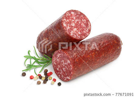 Smoked sausage salami isolated on white background with clipping path and full depth of field Smoked sausage salami isolated on white background with clipping path and full depth of field 77671091