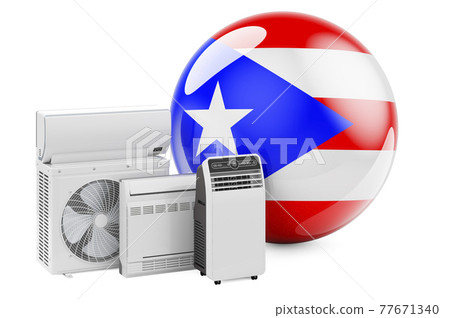 Puerto Rican flag with cooling and climate electric devices. Manufacturing, trading and service of air conditioners in Puerto Rico, 3D rendering Puerto Rican flag with cooling and climate electric devices. Manufacturing, trading and service of air conditioners in Puerto Rico, 3D rendering 77671340