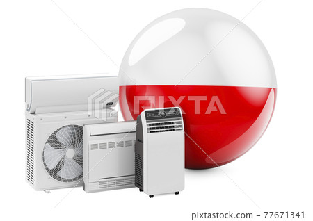 Polish flag with cooling and climate electric devices. Manufacturing, trading and service of air conditioners in Poland, 3D rendering 77671341