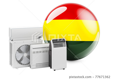 Bolivian flag with cooling and climate electric devices. Manufacturing, trading and service of air conditioners in Bolivia, 3D rendering Bolivian flag with cooling and climate electric devices. Manufacturing, trading and service of air conditioners in Bolivia, 3D rendering 77671362