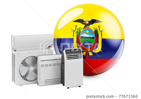 Ecuadorian flag with cooling and climate electric devices. Manufacturing, trading and service of air conditioners in Ecuador, 3D rendering 77671368