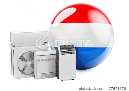Luxembourgish flag with cooling and climate electric devices. Manufacturing, trading and service of air conditioners in Luxembourg, 3D rendering Luxembourgish flag with cooling and climate electric devices. Manufacturing, trading and service of air conditioners in Luxembourg, 3D rendering 77671376