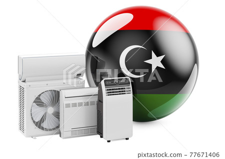 Libyan flag with cooling and climate electric devices. Manufacturing, trading and service of air conditioners in Libya, 3D rendering Libyan flag with cooling and climate electric devices. Manufacturing, trading and service of air conditioners in Libya, 3D rendering 77671406