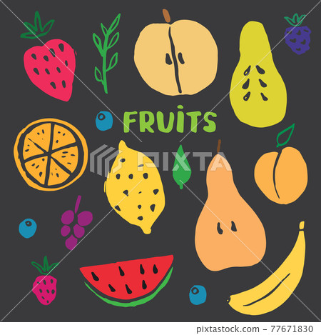 Fruit Set, collection of juicy fruits, apple, pear, strawberry, orange slice, peach, plum, banana, watermelon, papaya, grapes, lemon and berries. Vector illustration 77671830