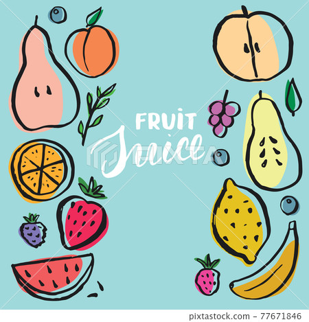 Fruit Set, collection of juicy fruits, apple, pear, strawberry, orange slice, peach, plum, banana, watermelon, papaya, grapes, lemon and berries. Vector illustration 77671846
