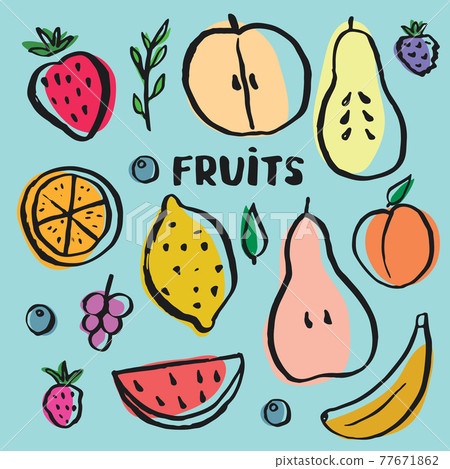 Fruit Set, collection of juicy fruits, apple, pear, strawberry, orange slice, peach, plum, banana, watermelon, papaya, grapes, lemon and berries. Vector illustration 77671862