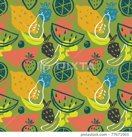 Fruit seamless pattern, collection of juicy fruits, apple, pear, strawberry, orange slice, peach, plum, banana, watermelon, papaya, grapes, lemon and berries background, vector illustration Fruit seamless pattern, collection of juicy fruits, apple, pear, strawberry, orange slice, peach, plum, banana, watermelon, papaya, grapes, lemon and berries background, vector illustration 77671903