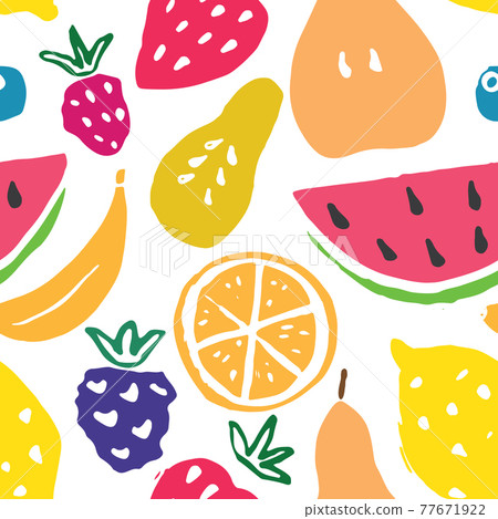 Fruit seamless pattern, collection of juicy fruits, apple, pear, strawberry, orange slice, peach, plum, banana, watermelon, papaya, grapes, lemon and berries background, vector illustration 77671922