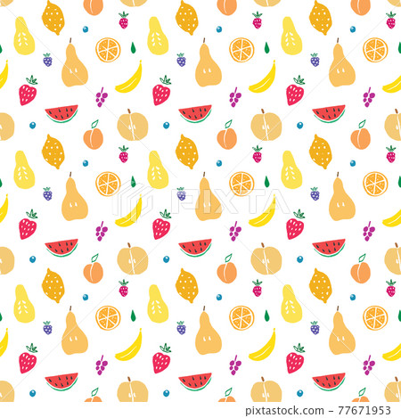Fruit seamless pattern, collection of juicy fruits, apple, pear, strawberry, orange slice, peach, plum, banana, watermelon, papaya, grapes, lemon and berries background, vector illustration 77671953