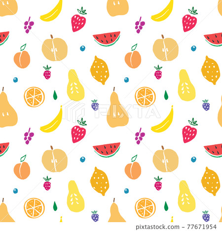 Fruit seamless pattern, collection of juicy fruits, apple, pear, strawberry, orange slice, peach, plum, banana, watermelon, papaya, grapes, lemon and berries background, vector illustration 77671954