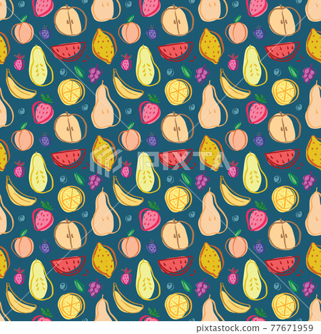 Fruit seamless pattern, collection of juicy fruits, apple, pear, strawberry, orange slice, peach, plum, banana, watermelon, papaya, grapes, lemon and berries background, vector illustration 77671959