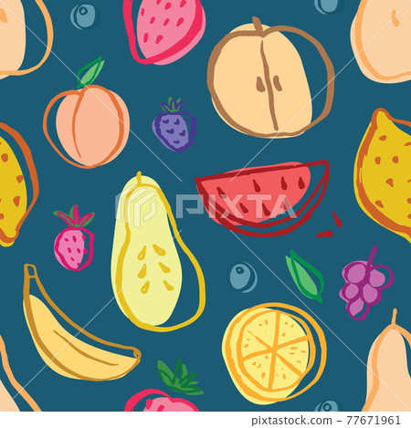 Fruit seamless pattern, collection of juicy fruits, apple, pear, strawberry, orange slice, peach, plum, banana, watermelon, papaya, grapes, lemon and berries background, vector illustration 77671961