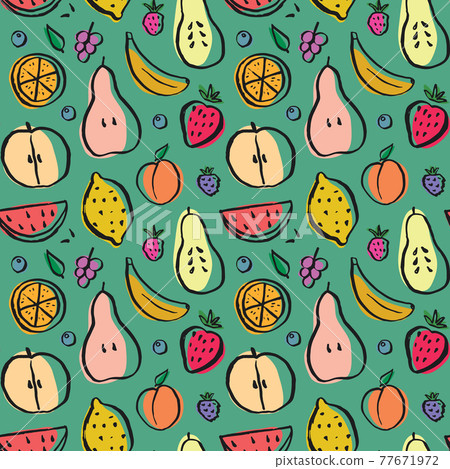 Fruit seamless pattern, collection of juicy fruits, apple, pear, strawberry, orange slice, peach, plum, banana, watermelon, papaya, grapes, lemon and berries background, vector illustration 77671972