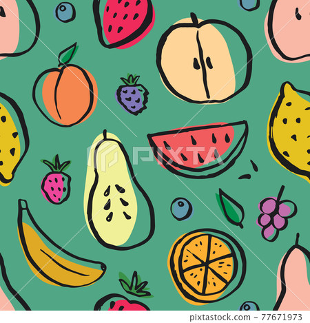 Fruit seamless pattern, collection of juicy fruits, apple, pear, strawberry, orange slice, peach, plum, banana, watermelon, papaya, grapes, lemon and berries background, vector illustration 77671973