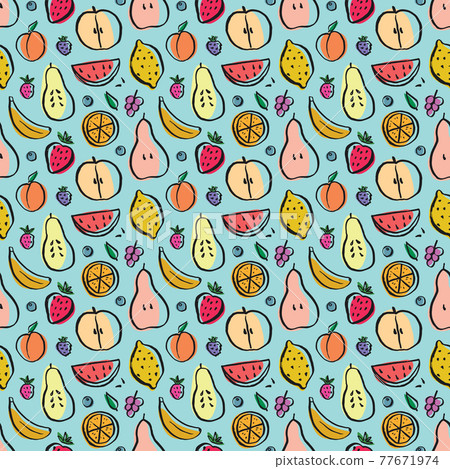 Fruit seamless pattern, collection of juicy fruits, apple, pear, strawberry, orange slice, peach, plum, banana, watermelon, papaya, grapes, lemon and berries background, vector illustration Fruit seamless pattern, collection of juicy fruits, apple, pear, strawberry, orange slice, peach, plum, banana, watermelon, papaya, grapes, lemon and berries background, vector illustration 77671974