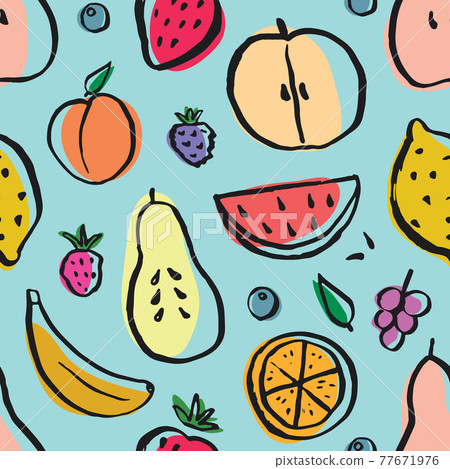 Fruit seamless pattern, collection of juicy fruits, apple, pear, strawberry, orange slice, peach, plum, banana, watermelon, papaya, grapes, lemon and berries background, vector illustration 77671976