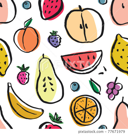 Fruit seamless pattern, collection of juicy fruits, apple, pear, strawberry, orange slice, peach, plum, banana, watermelon, papaya, grapes, lemon and berries background, vector illustration Fruit seamless pattern, collection of juicy fruits, apple, pear, strawberry, orange slice, peach, plum, banana, watermelon, papaya, grapes, lemon and berries background, vector illustration 77671979
