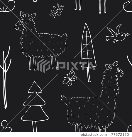 Cute Lama Seamless pattern. Cartoon Animals in forest background. Vector illustration Cute Lama Seamless pattern. Cartoon Animals in forest background. Vector illustration 77672120