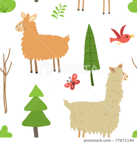Cute Lama Seamless pattern. Cartoon Animals in forest background. Vector illustration 77672140