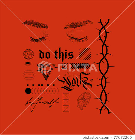 Stylish elements of brutalism, suitable for the album cover, merch, t shirt design. Elements reflect urban and street culture. Trendy shapes and elements. Brutalism vector collection. T-shirt elements 77672260