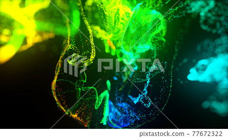 3d render. Injection of fluorescent ink in water isolated on black background. of glow particles or sparks like shiny magic spell. Fantastic background for festive event. Green yellow blue red mix 3d render. Injection of fluorescent ink in water isolated on black background. of glow particles or sparks like shiny magic spell. Fantastic background for festive event. Green yellow blue red mix 77672322