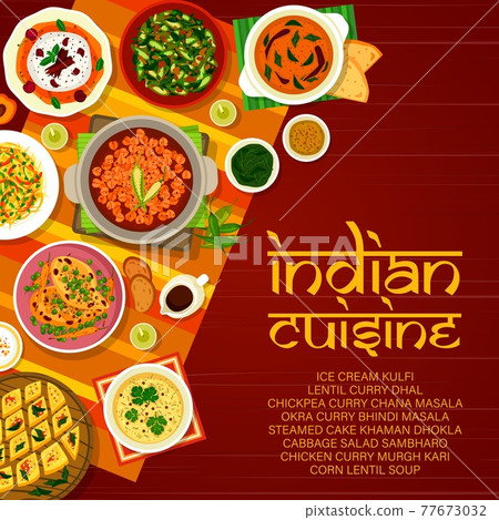 Indian restaurant menu cover with curry dishes Indian restaurant menu cover with curry dishes 77673032