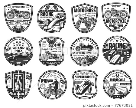 Motorcycle and car road race vector icons set 77673051