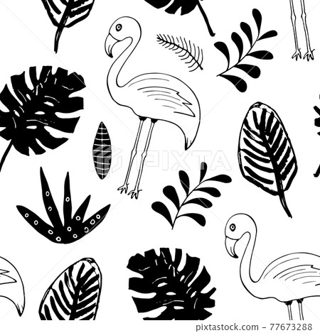 Cute Flamingo and Tropical plants Seamless pattern. Hand Drawn Animal and palm leaves Background. Vector Illustration Cute Flamingo and Tropical plants Seamless pattern. Hand Drawn Animal and palm leaves Background. Vector Illustration 77673288