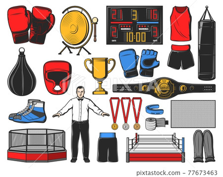 Boxing icons of kickboxing or MMA fight equipment 77673463