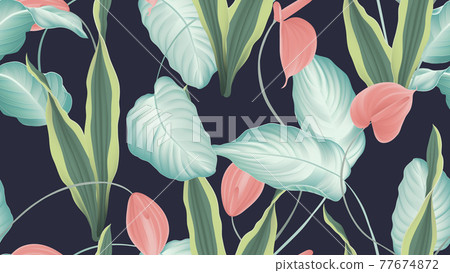 Tropical seamless pattern,  red Anthurium flowers, dumbcane, snake plant 77674872