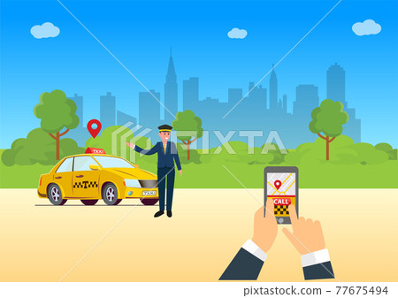 Hands with smart phone and taxi application, Taxi service, Yellow taxi cab on city silhouette with skyscrapers and tower background, Vector illustration. 77675494