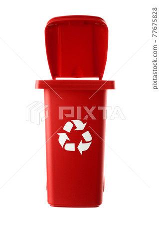 Plastic red trash can isolated on white background 77675828