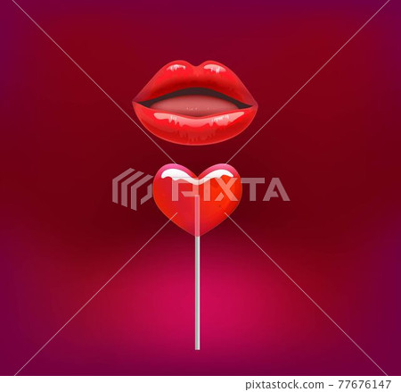 Illustration of red heart shaped lollipop and red open lips. Illustration of red heart shaped lollipop and red open lips. 77676147