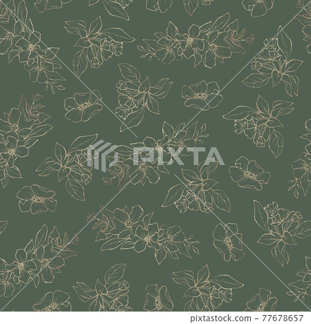 Seamless pattern. Gold outlines of spring flowers and leaves 77678657