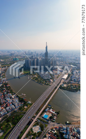 Vertical cityscape photo of Ho Chi Minh city and Saigon river Vertical cityscape photo of Ho Chi Minh city and Saigon river 77679173