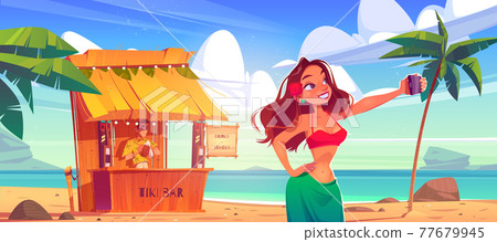 Girl take selfie on background of tiki bar and sea Girl take selfie on background of tiki bar and sea 77679945