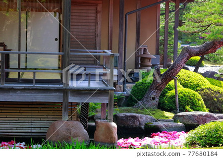 Japanese architecture with a view of the pond Japanese architecture with a view of the pond 77680184